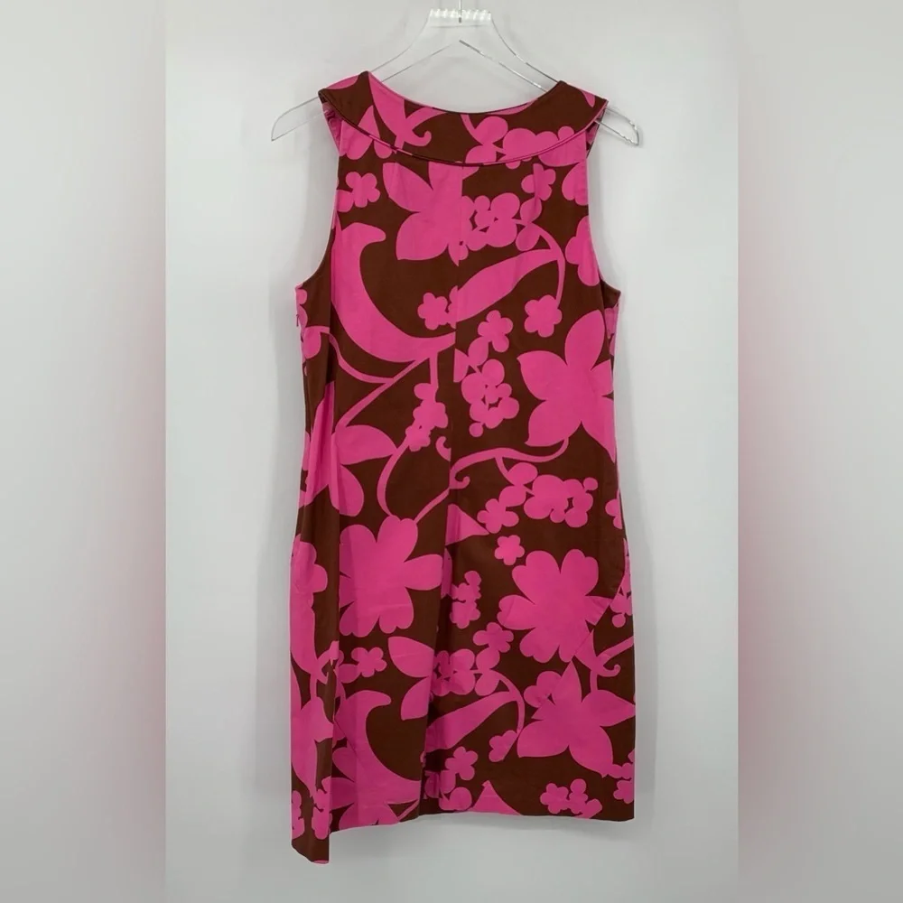 Tory Burch shift dress Mod pink brown floral logo button sleeveless modern 8